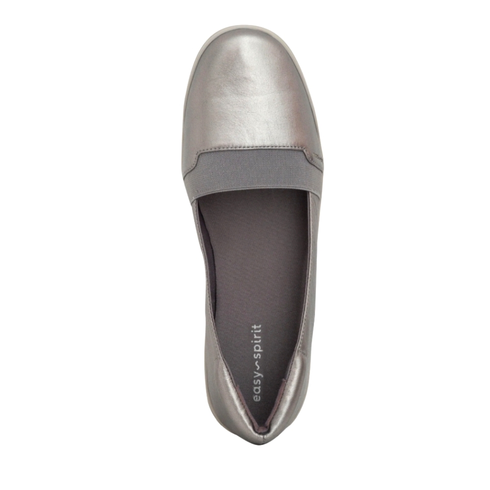 Easy Spirit Bounce Silver Slip On Flats Pewter Leather Sz 8W Rubber Sole.